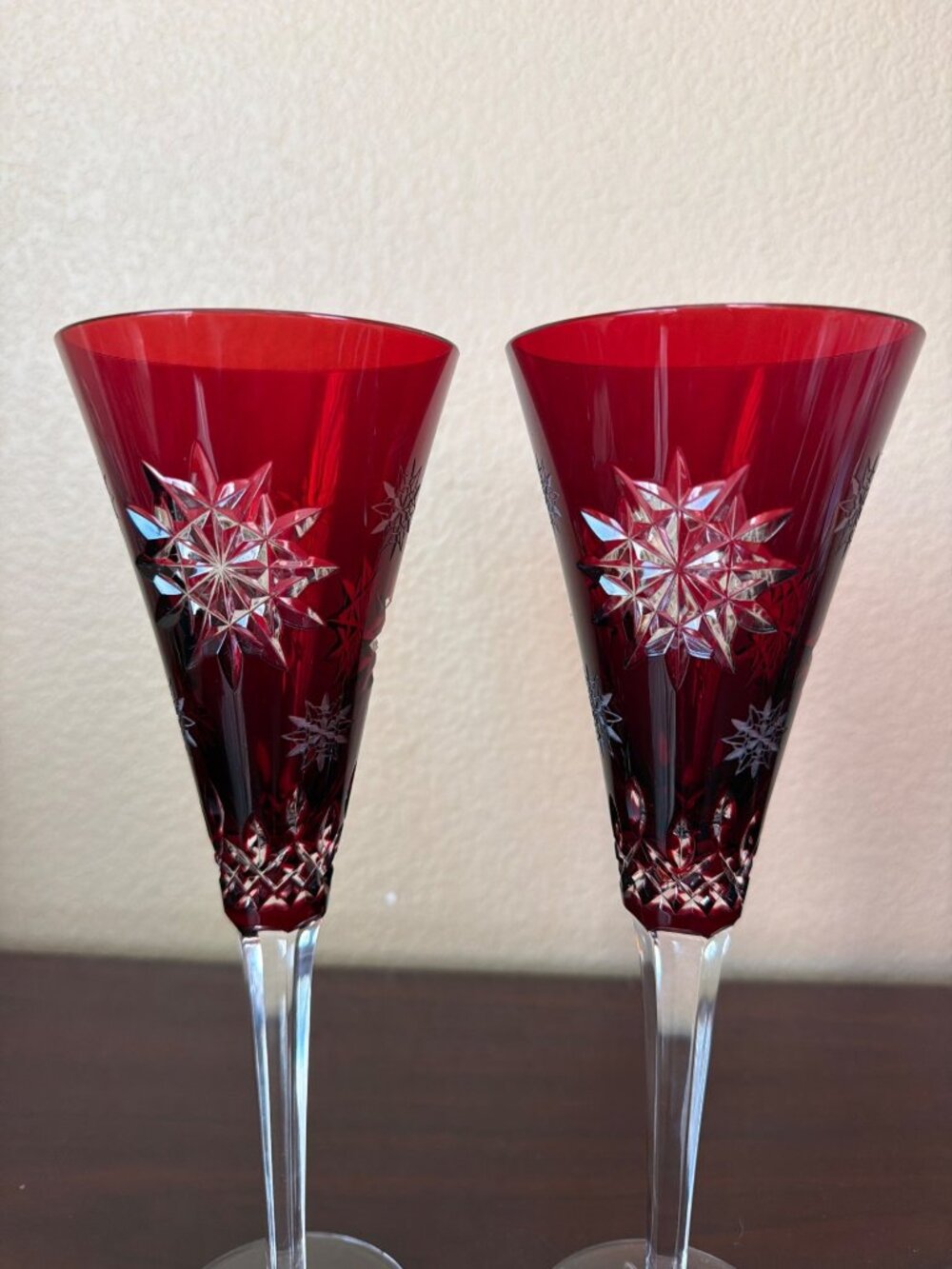 Waterford Snowflake Wishes Joy 2011 Ruby Champagne Flutes Pair Signed O'Keeffe - Picture 5 of 13